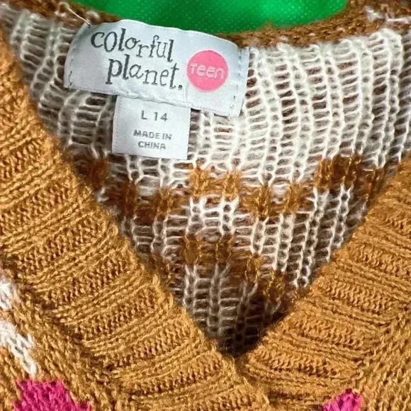 Colorful Planet Tan Pink Aztec Hooded Sweater Girl's Size Large 14 NWT - Picture 4 of 8